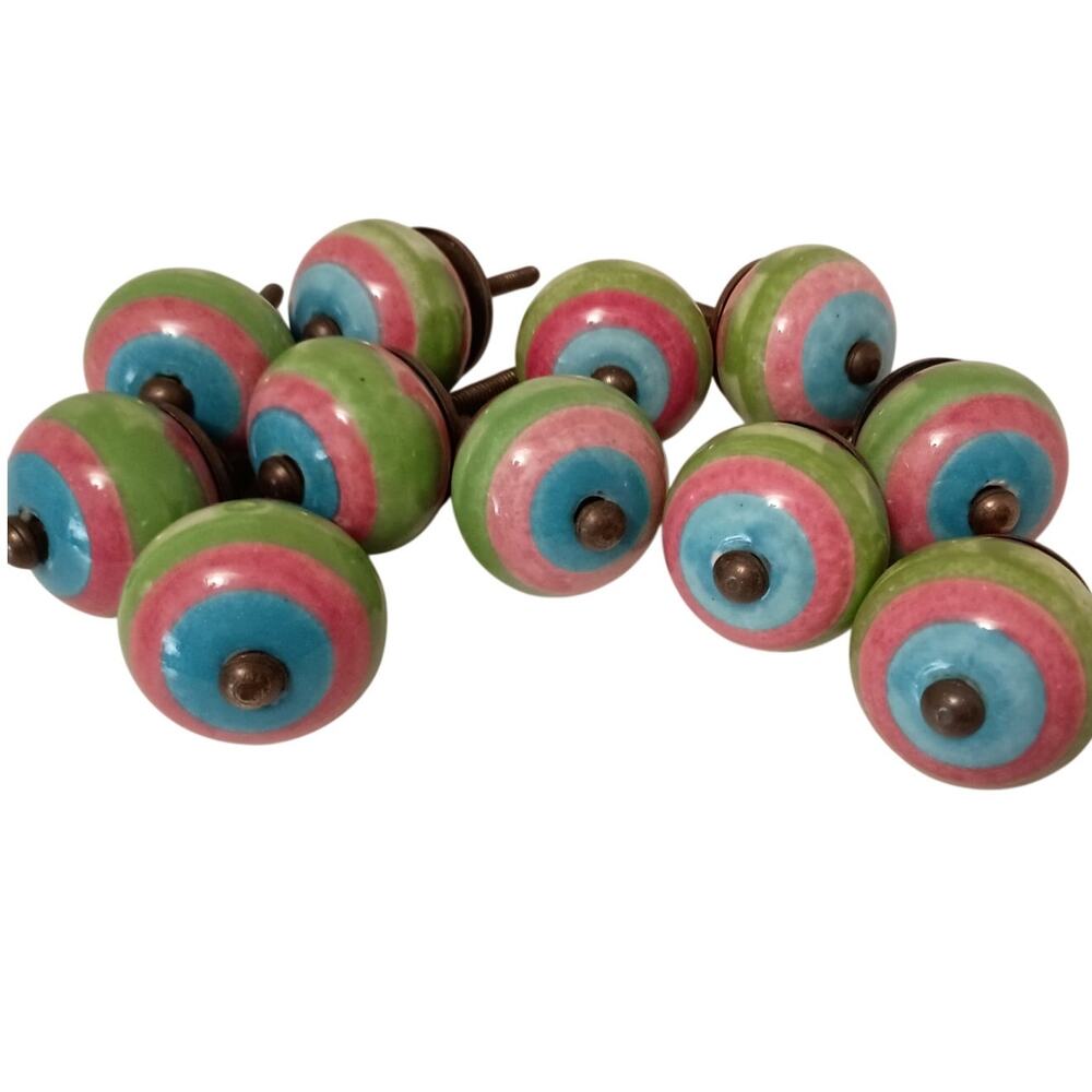 Lot of 11 Round Ceramic Drawer Pulls Green/Pink/Blue Striped 1.25-1.5" diaml